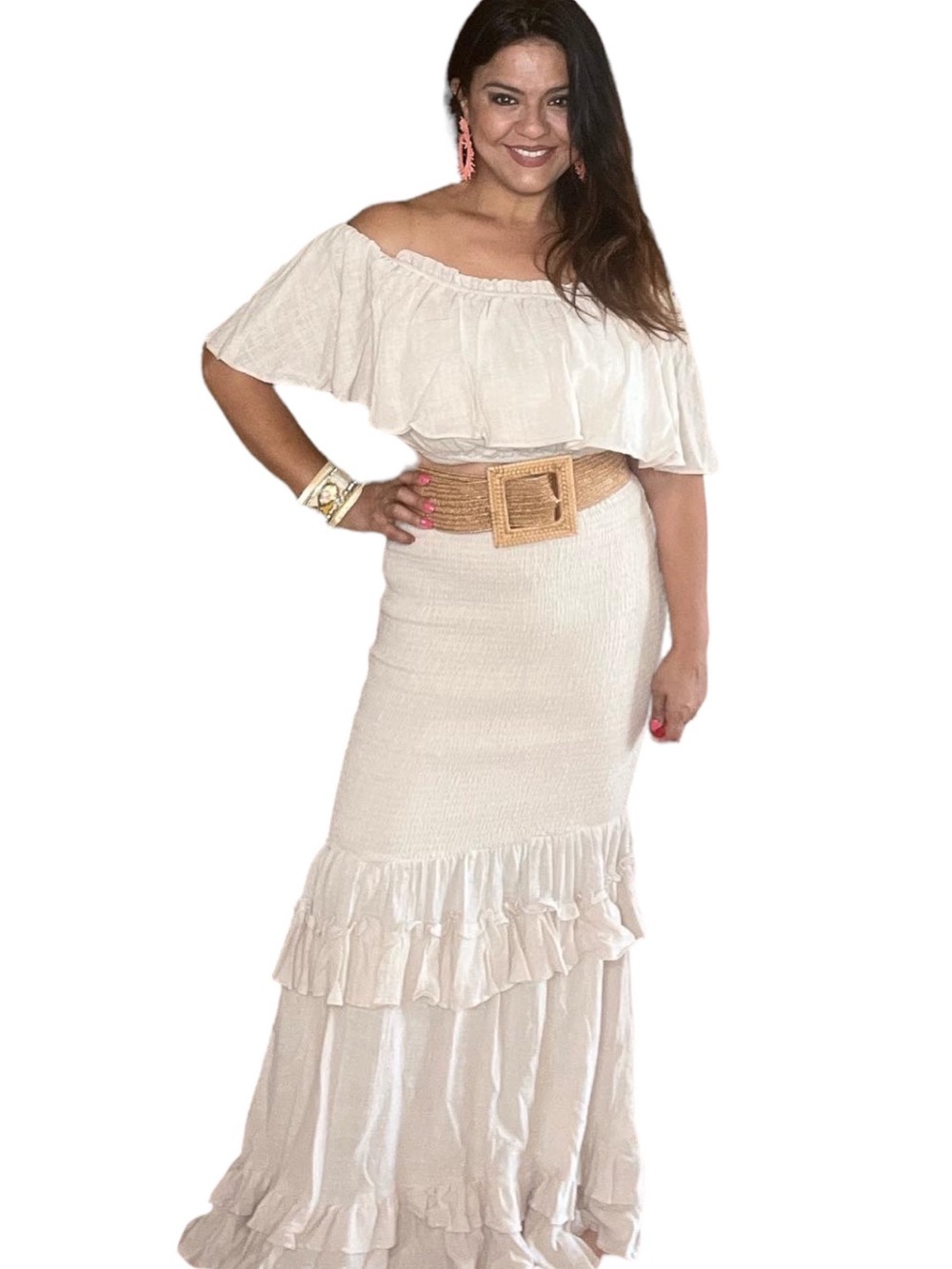 Off-Shoulder Cream Ruffle Maxi Dress with Smocked Bodice